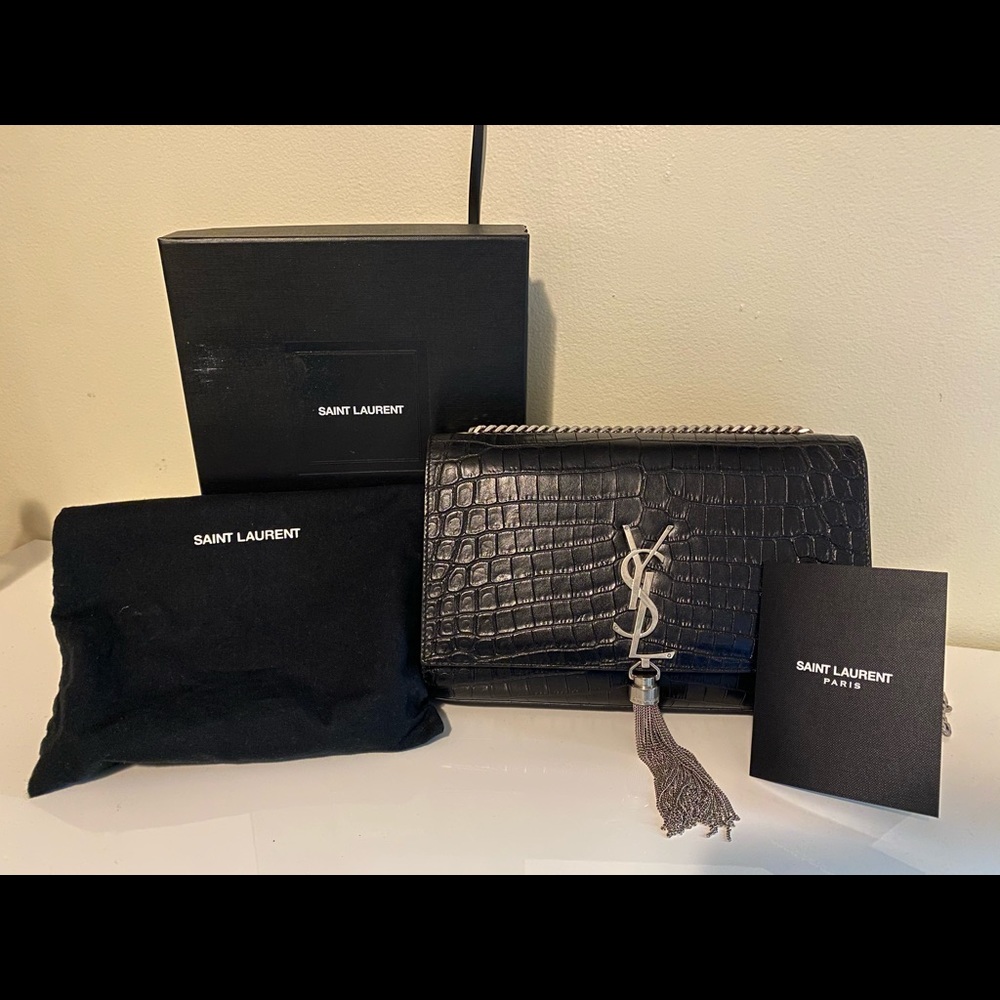YSL Kate Monogram Croc-Embossed Leather Bag